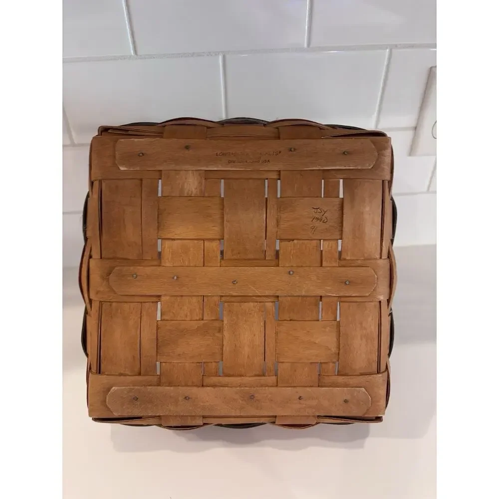 1990 LONGABERGER Square Basket Stationary Handle Blue Green Red Bands 12" - Picture 5 of 8